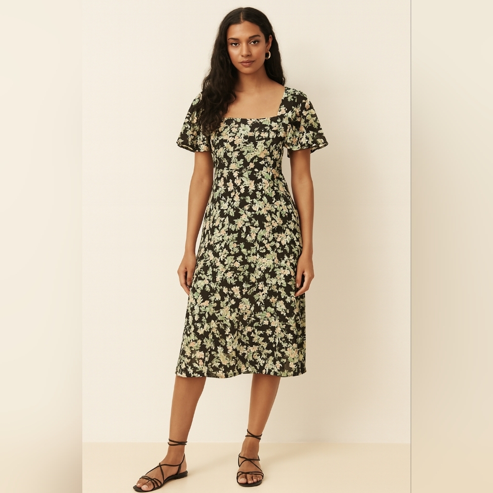 NWOT Savel Size 10 Black Floral Keyhole Back Flutter Sleeve Midi Dress